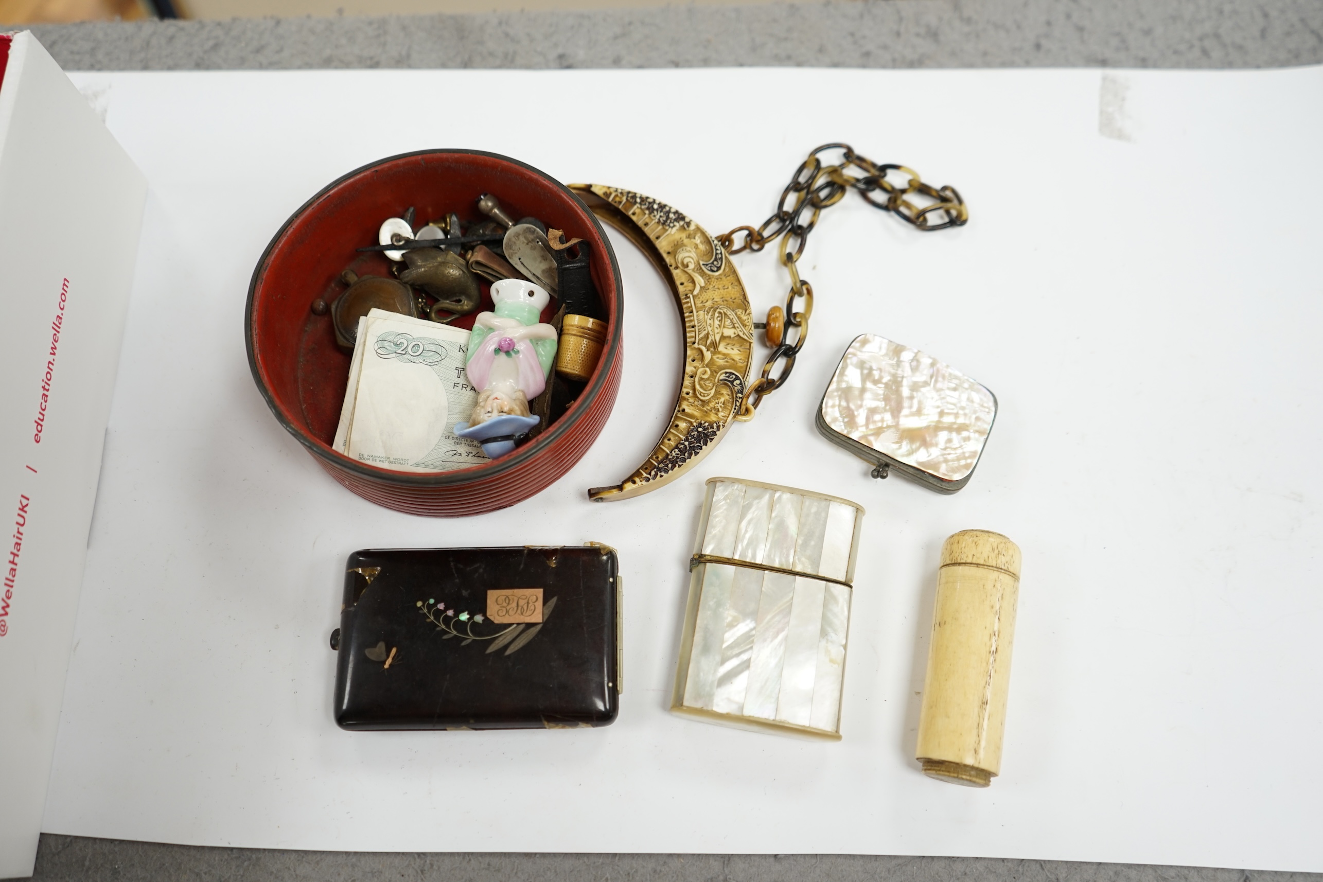 A carved wood novelty money bank, two walnut tea canisters, a giltwood plinth, a 1930’s handbag frame, and mixed collectables etc, gilt base 15cm x 12cm. Condition - poor to good